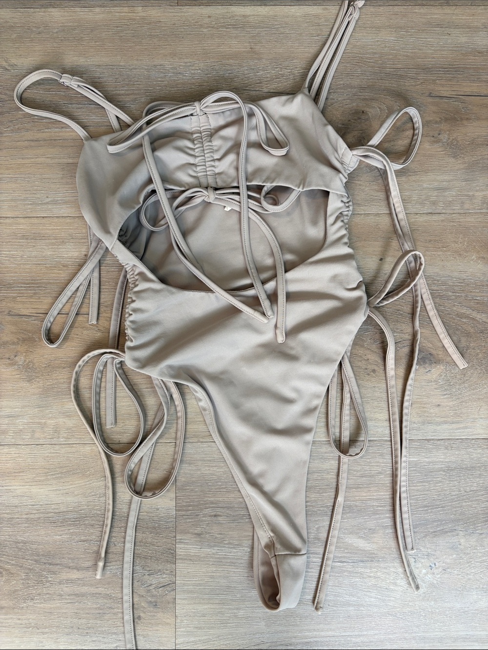Ruched Tie-Detail Bodysuit - Beige